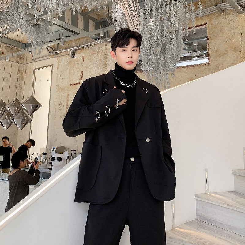 Black Iron Ring Decor Stylish Suit Jacket and Loose Blazer Pi-Mart