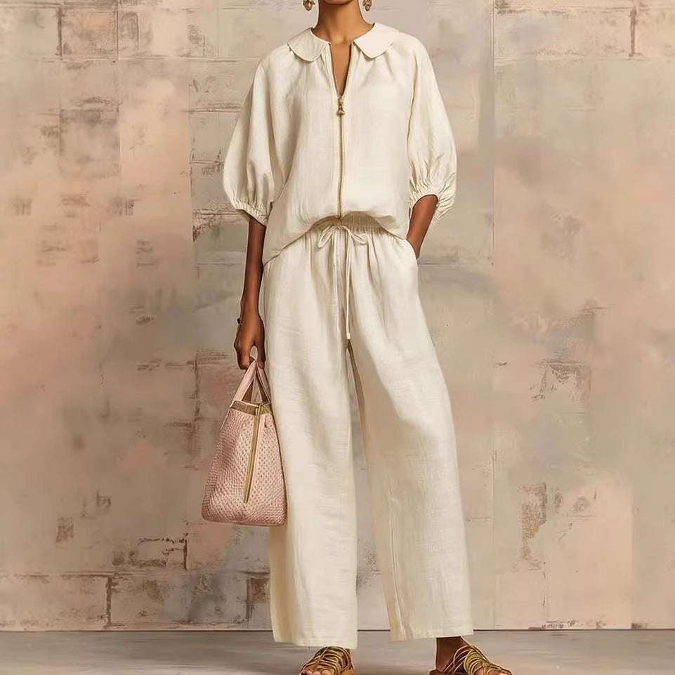 Solid-color Casual Loose-fitting Zip-up Sweatshirt And Straight-leg Pants Set NorixaFashion.com