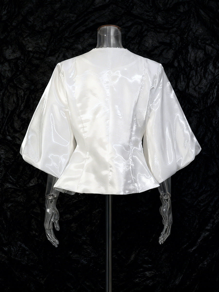 Round Neck Solid Color Single-breasted Lantern Sleeve Shirt NorixaFashion.com