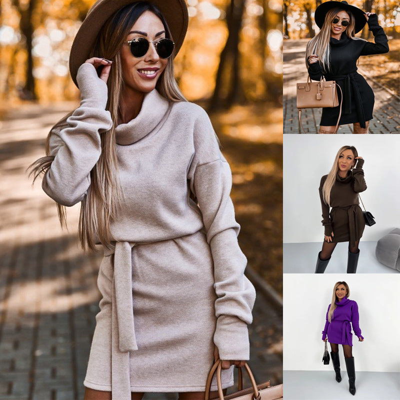 High Collar Belt Fashion Long Sleeve Skirt NorixaFashion.com