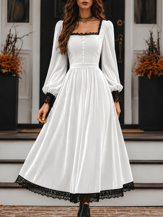 Square-neck Lace-panel Velvet Dress NorixaFashion.com