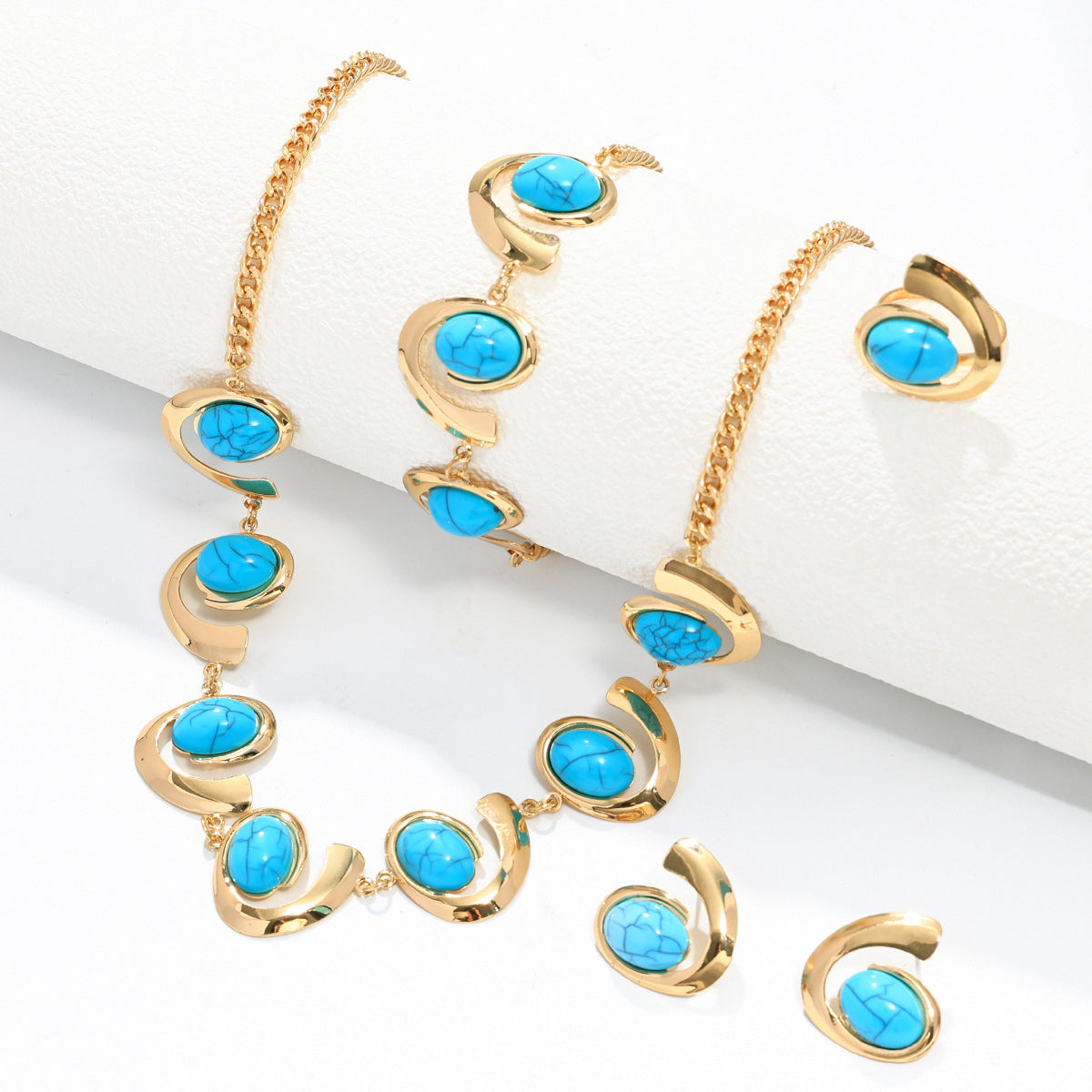 Inlaid Turquoise Spiral Earrings Necklace Bracelet Ring Set LadyShow.Store