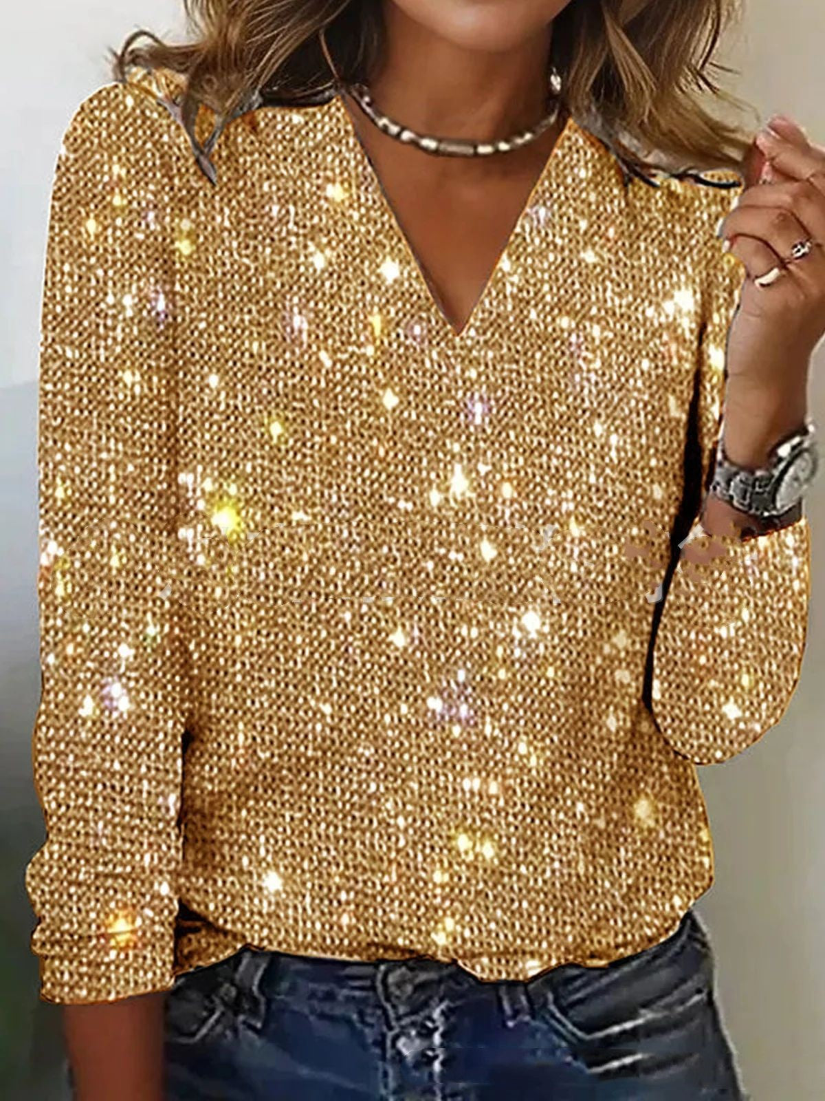 Women's Pure Color Sequins Long-sleeved T-shirt LadyShow.Store