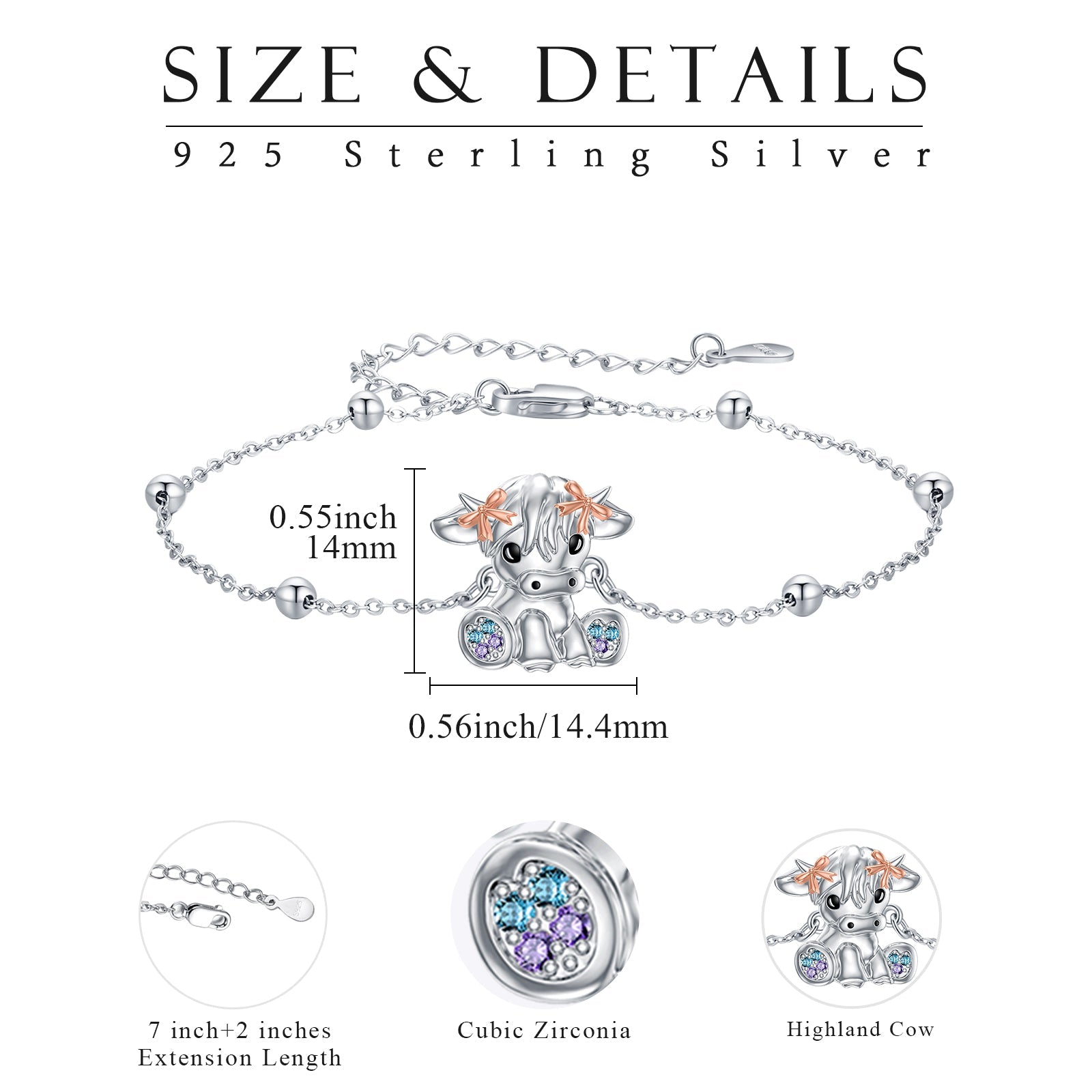 Highland Cow Bracelet Sterling Silver Scottish Cow Bracelet Cute Animal Jewelry for Women LadyShow.Store