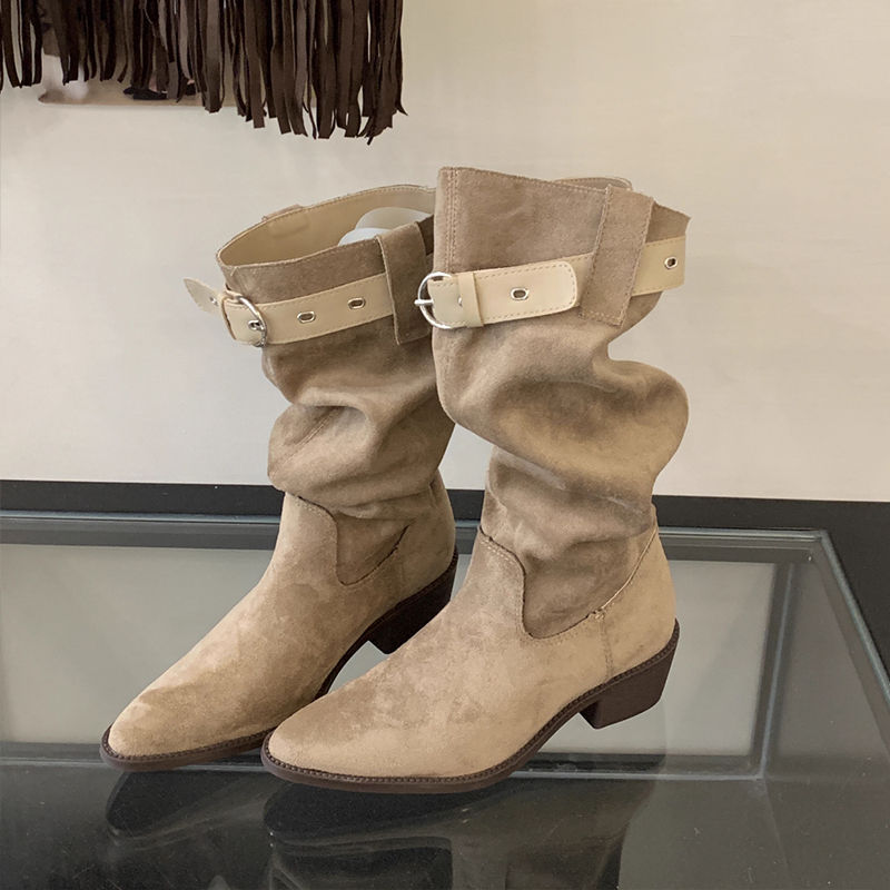 Western Cowboy Mid-calf Thick Heel Pointed Toe High Fold Stack Boots LadyShow.Store