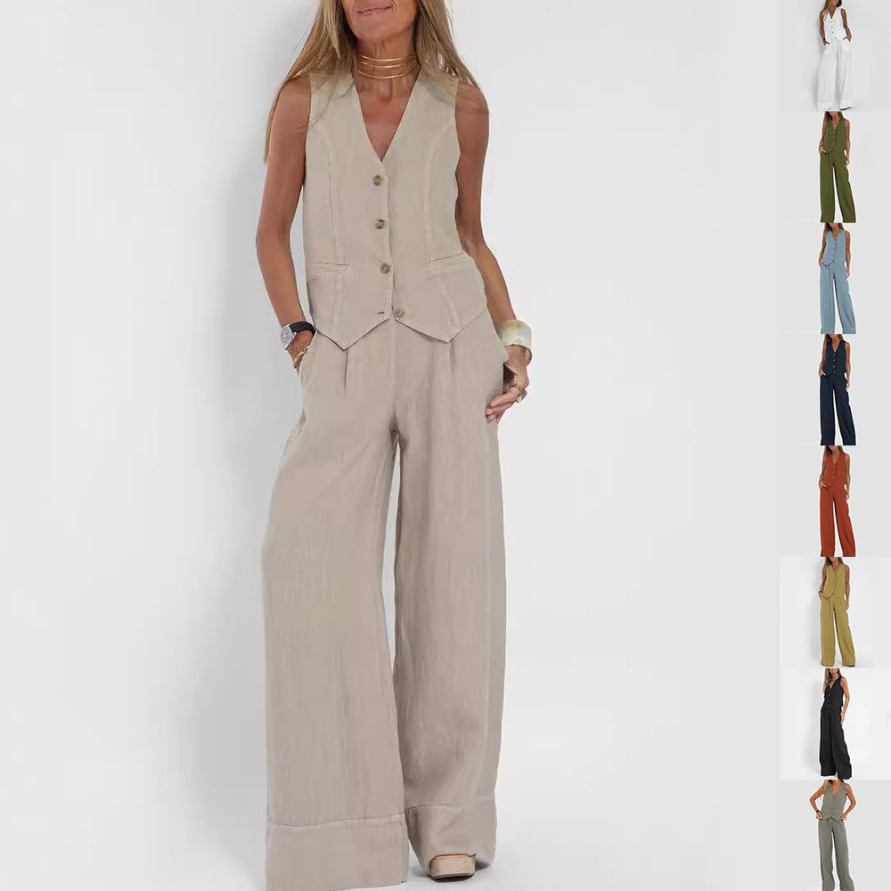 Summer Vest Suits V-neck Botton Sleeveless Top And Loose Straight Trousers Casual Womens Clothing NorixaFashion.com