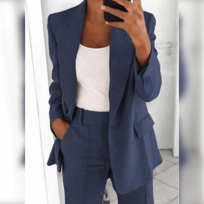 Ins Button Casual Suit Fashion Long-sleeved Lapel Blazer Jacket And Slim-fit Pocket Trousers For Women Clothing NorixaFashion.com