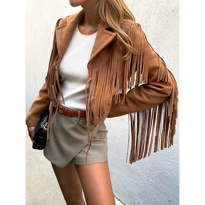 Genuine Leather Sheepskin Suede Lapel Tassel Motorcycle Short Jacket LadyShow.Store