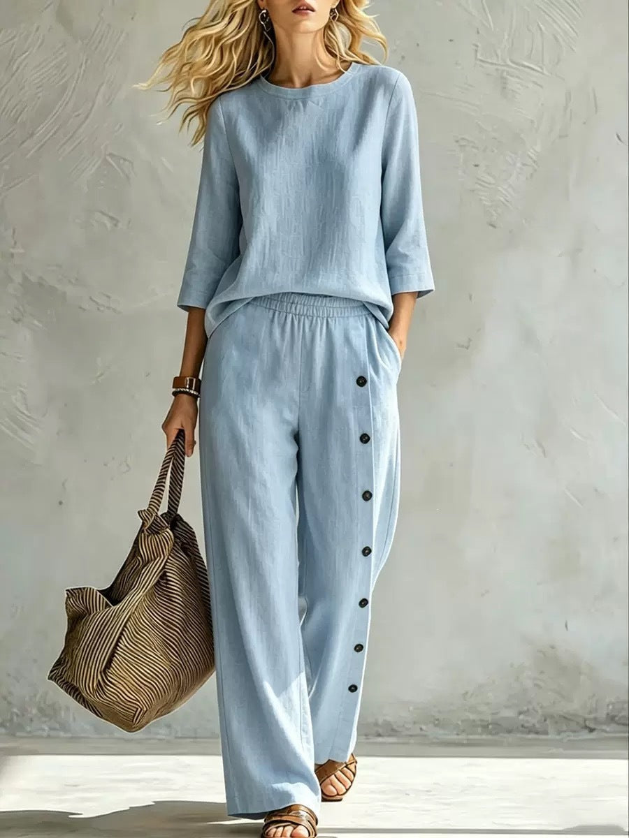 2026 European And American Women's Fashionable Solid Color Buckle Design Casual Loose Two-piece Set NorixaFashion.com