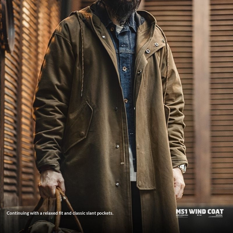 Military Style Brushed Fleece Hooded Windbreaker Loose Pure Cotton Mid-length Coat For Men Autumn LadyShow.Store