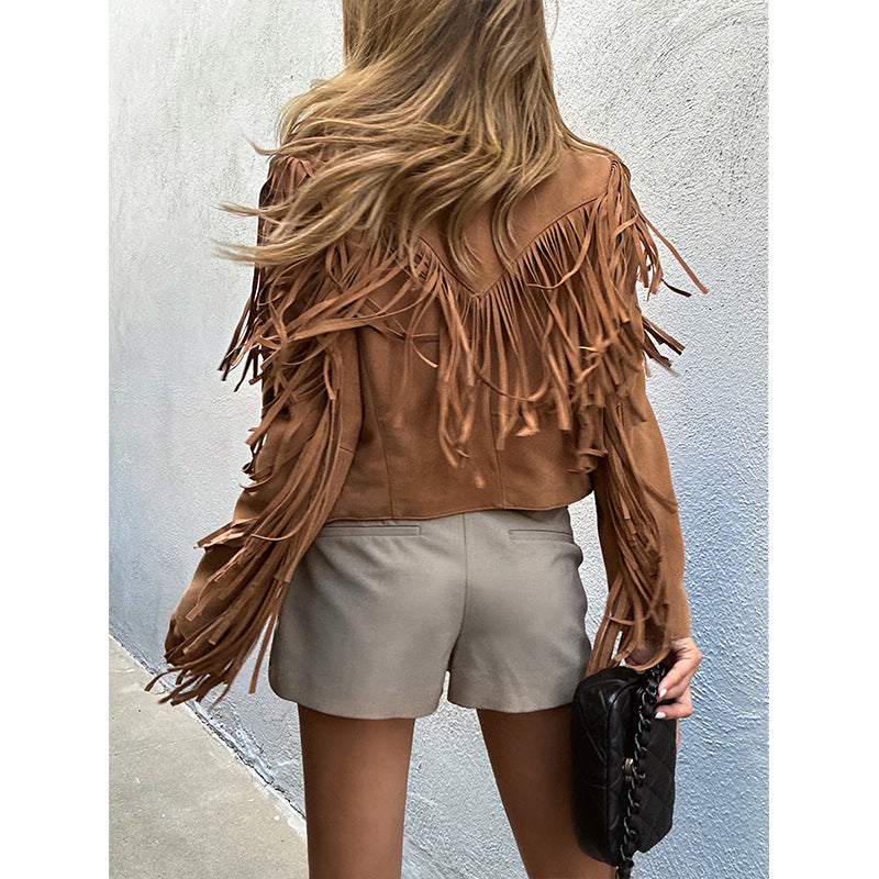 Genuine Leather Sheepskin Suede Lapel Tassel Motorcycle Short Jacket LadyShow.Store