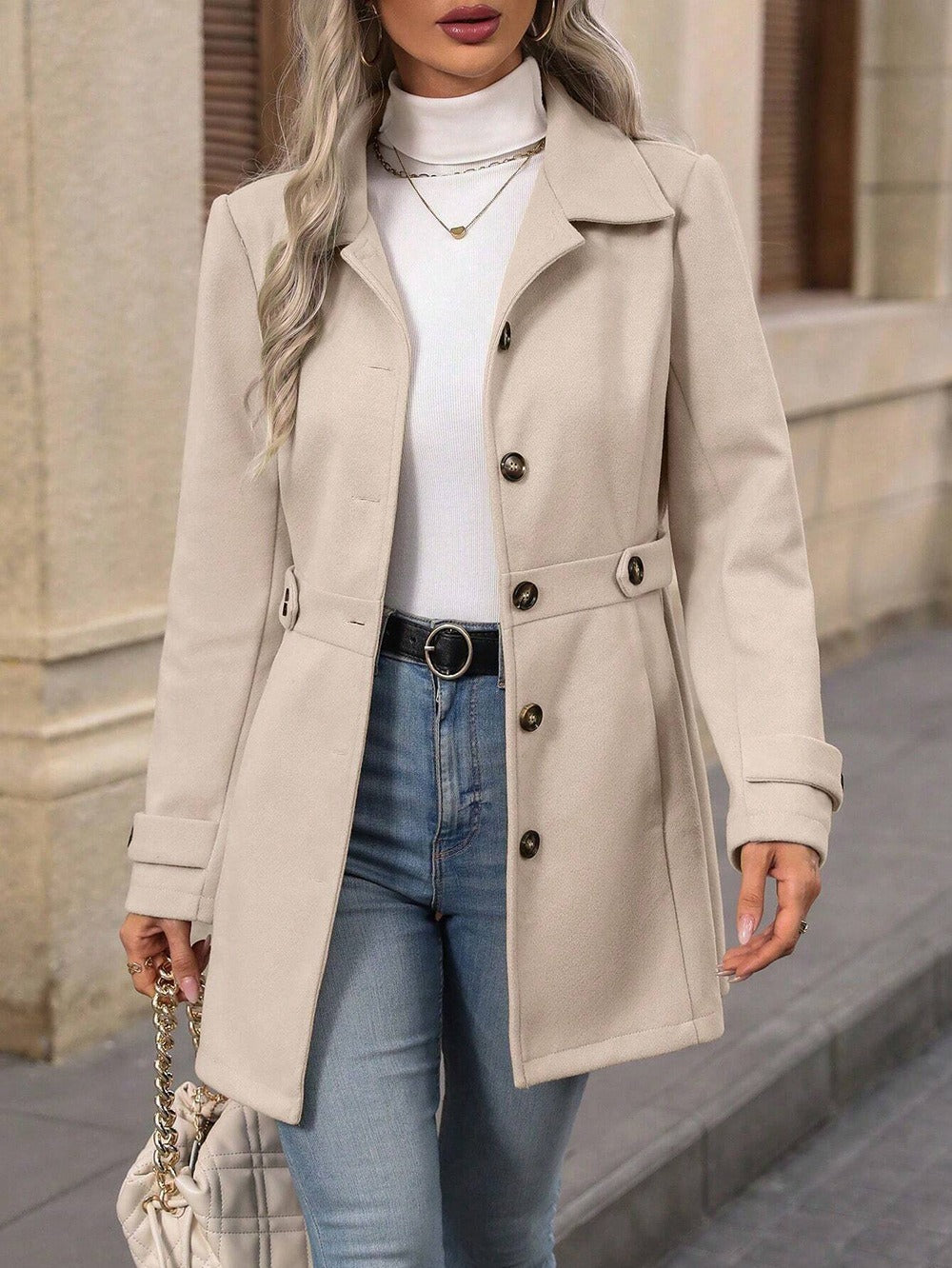Elegant Single-breasted Woolen Coat Buttons Lapel Mid-length Jacket Temperament Commuter Outwear Clothing For Women Best YouTube Store