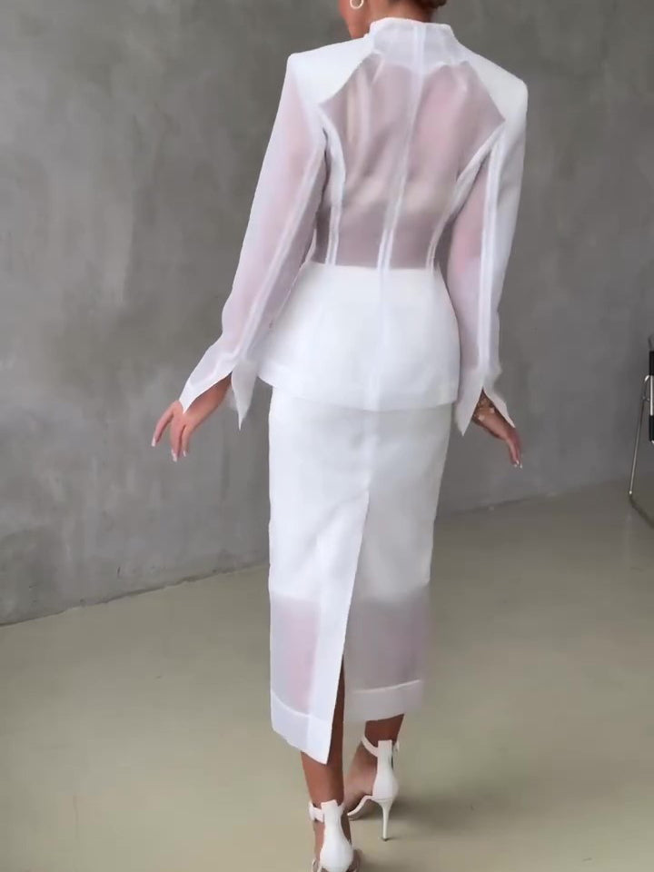 White Organza Tailored Blazer & Sheer Midi Skirt 2-Piece Set NorixaFashion.com
