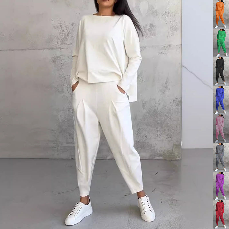 Women's Irregular Suit Long-sleeved Round Neck Top And Loose Harem Pants With Pockets Ins Fashion Trousers Set Women's Clothing LadyShow.Store