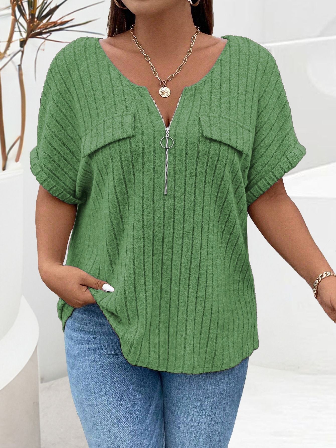 Solid-color Plus-size Top With Zipper Short Sleeves And Faux Pockets NorixaFashion.com