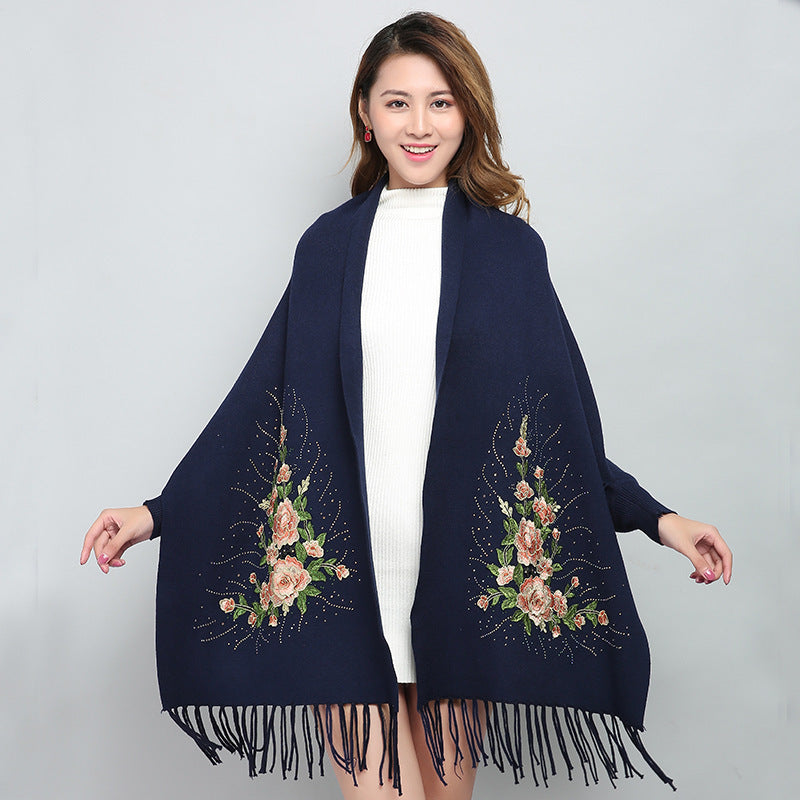 Embroidered Shawl with Sleeves - Women's Winter Wearable Blanket Cape - 3D Floral Print, Soft Viscose Blend LadyShow.Store