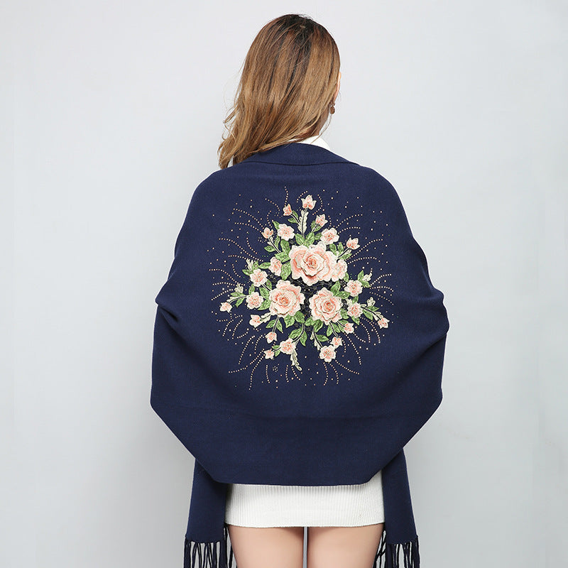 Embroidered Shawl with Sleeves - Women's Winter Wearable Blanket Cape - 3D Floral Print, Soft Viscose Blend LadyShow.Store