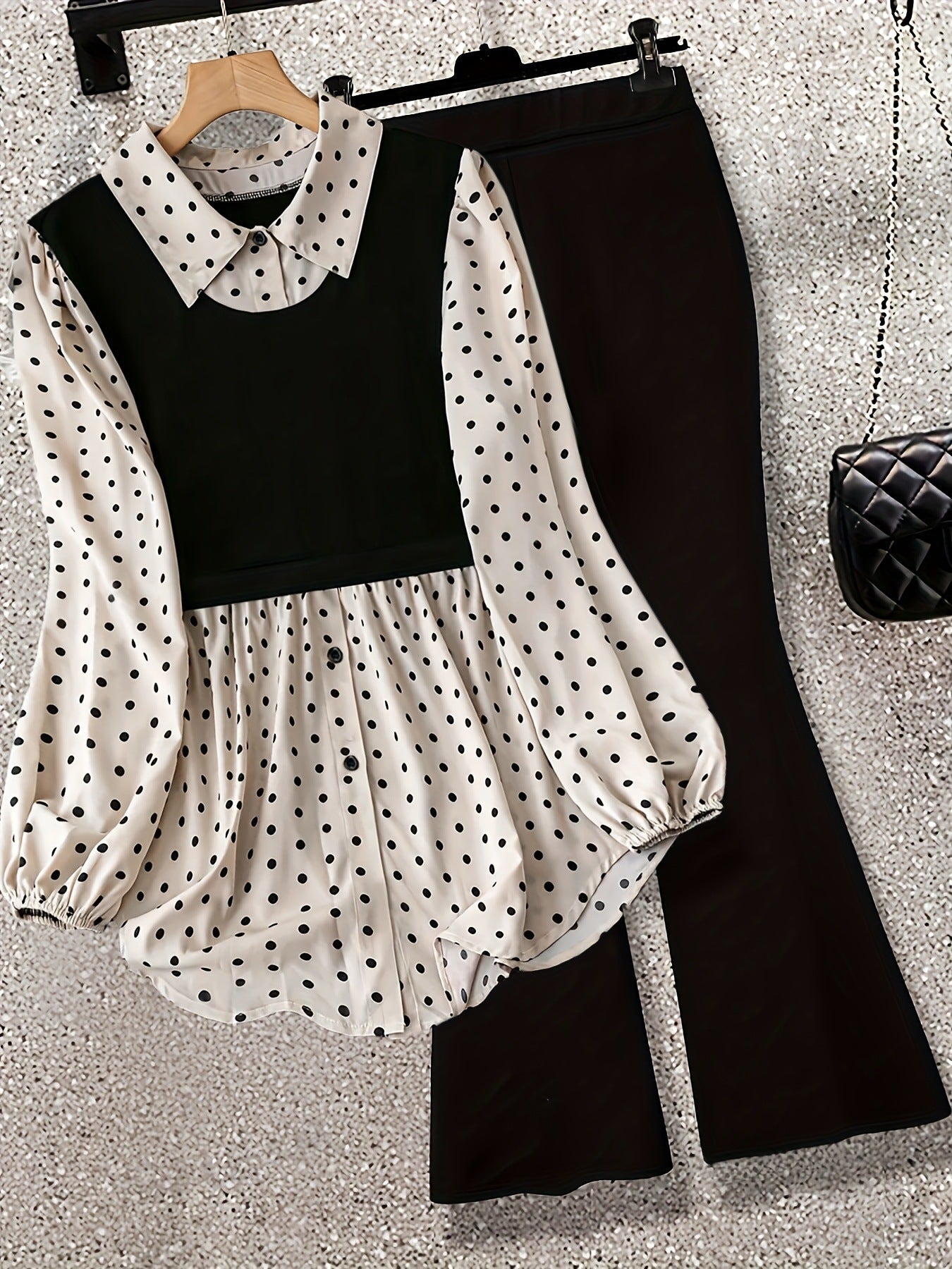 Polka Dot Patchwork Fake Two-piece Long-sleeved Shirt Leggings LadyShow.Store