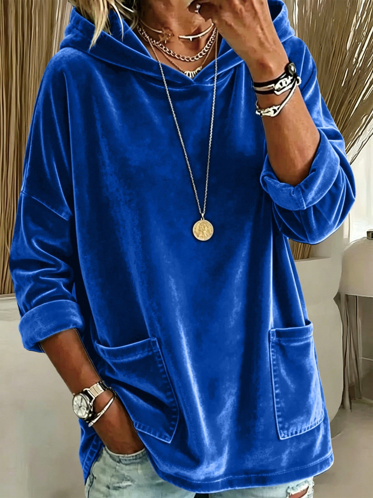 2026 New European & American Casual Solid Color Fleece Hoodie, Women Loose Long Sleeve Pullover Sweatshirt NorixaFashion.com