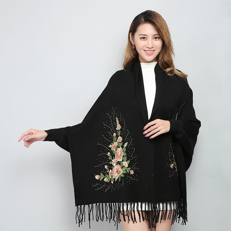 Embroidered Shawl with Sleeves - Women's Winter Wearable Blanket Cape - 3D Floral Print, Soft Viscose Blend LadyShow.Store