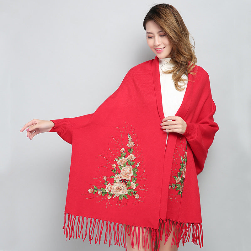 Embroidered Shawl with Sleeves - Women's Winter Wearable Blanket Cape - 3D Floral Print, Soft Viscose Blend LadyShow.Store