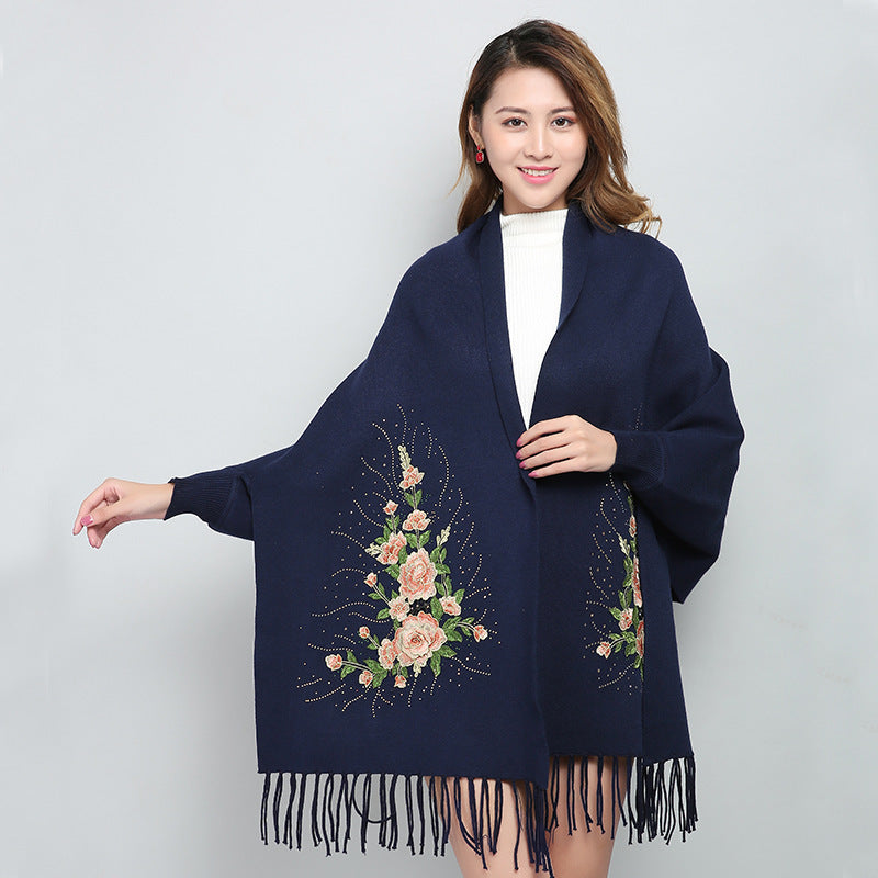 Embroidered Shawl with Sleeves - Women's Winter Wearable Blanket Cape - 3D Floral Print, Soft Viscose Blend LadyShow.Store
