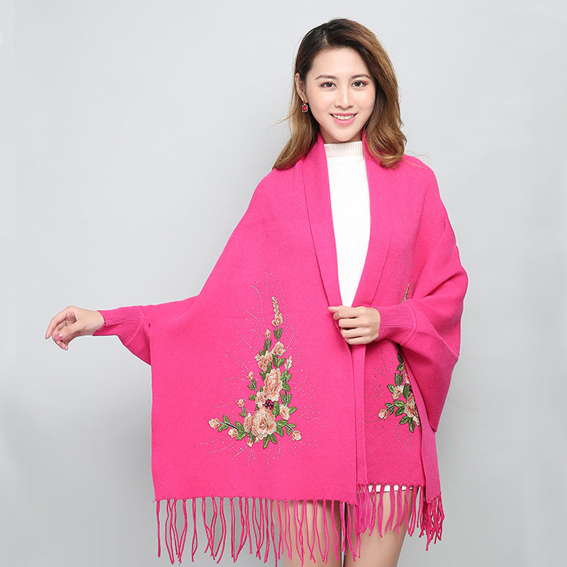 Embroidered Shawl with Sleeves - Women's Winter Wearable Blanket Cape - 3D Floral Print, Soft Viscose Blend LadyShow.Store