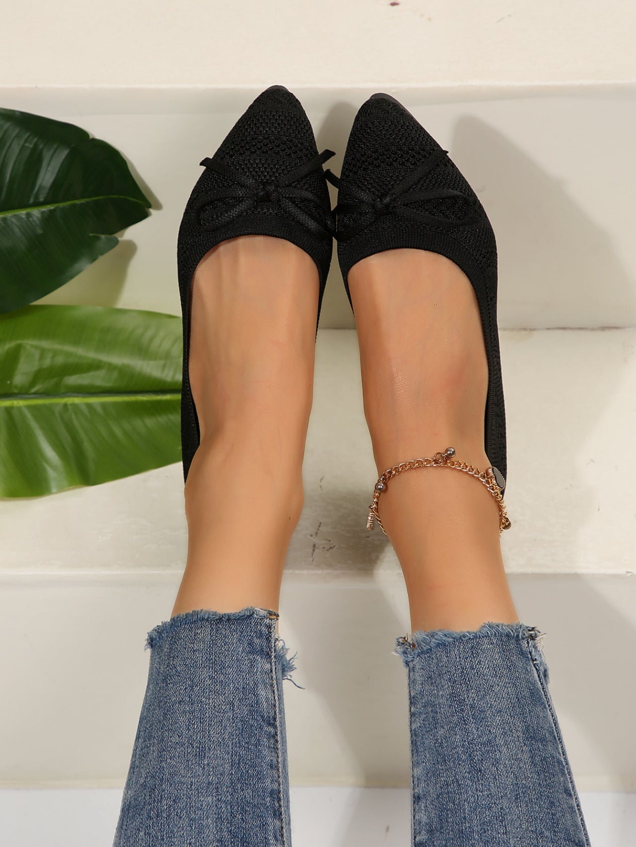 Bow Knitted Loafers Ins Fashion Pointed-toed Flats Shoes For Women CJD