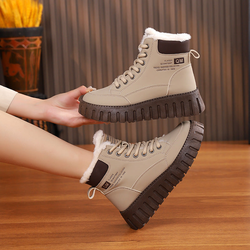 Ins Lace-up Snow Boots Winter Warm Fleece Flat Shoes For Women Fashion Casual Plush Ankle Boot CJD