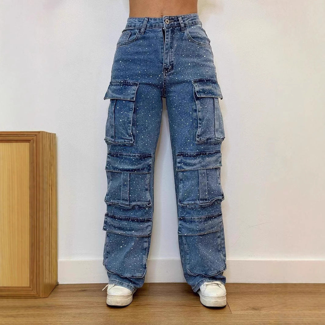 Women's Casual Jeans With Pockets And Diamonds Overalls LadyShow.Store