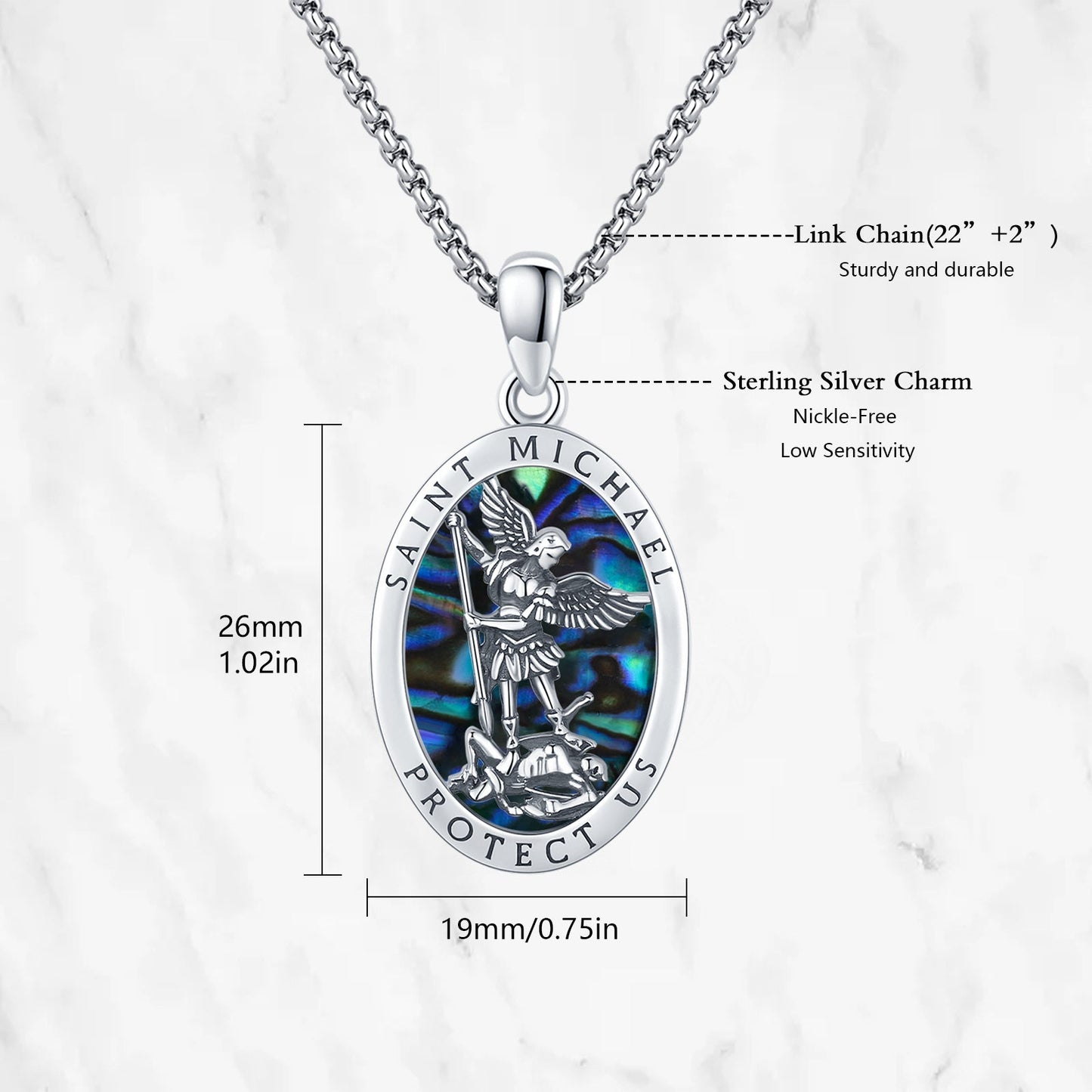 Abalone Shell Saint Michael Pendant Necklace in 925 Sterling Silver LadyShow.Store