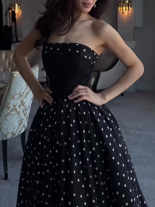 Black Strapless Polka Dot Full Skirt Maxi Dress NorixaFashion.com