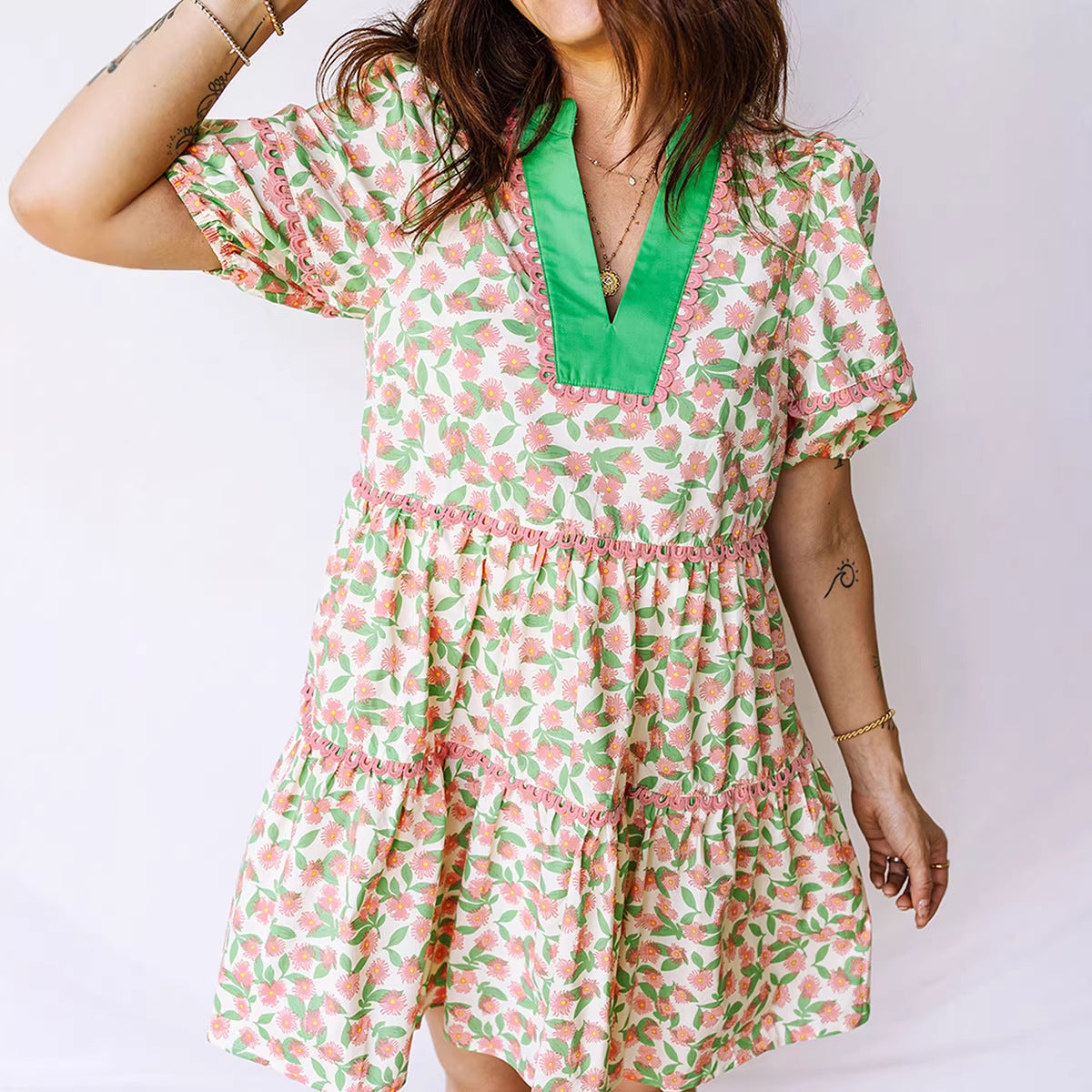 Printed Lace Patchwork Dress Women NorixaFashion.com