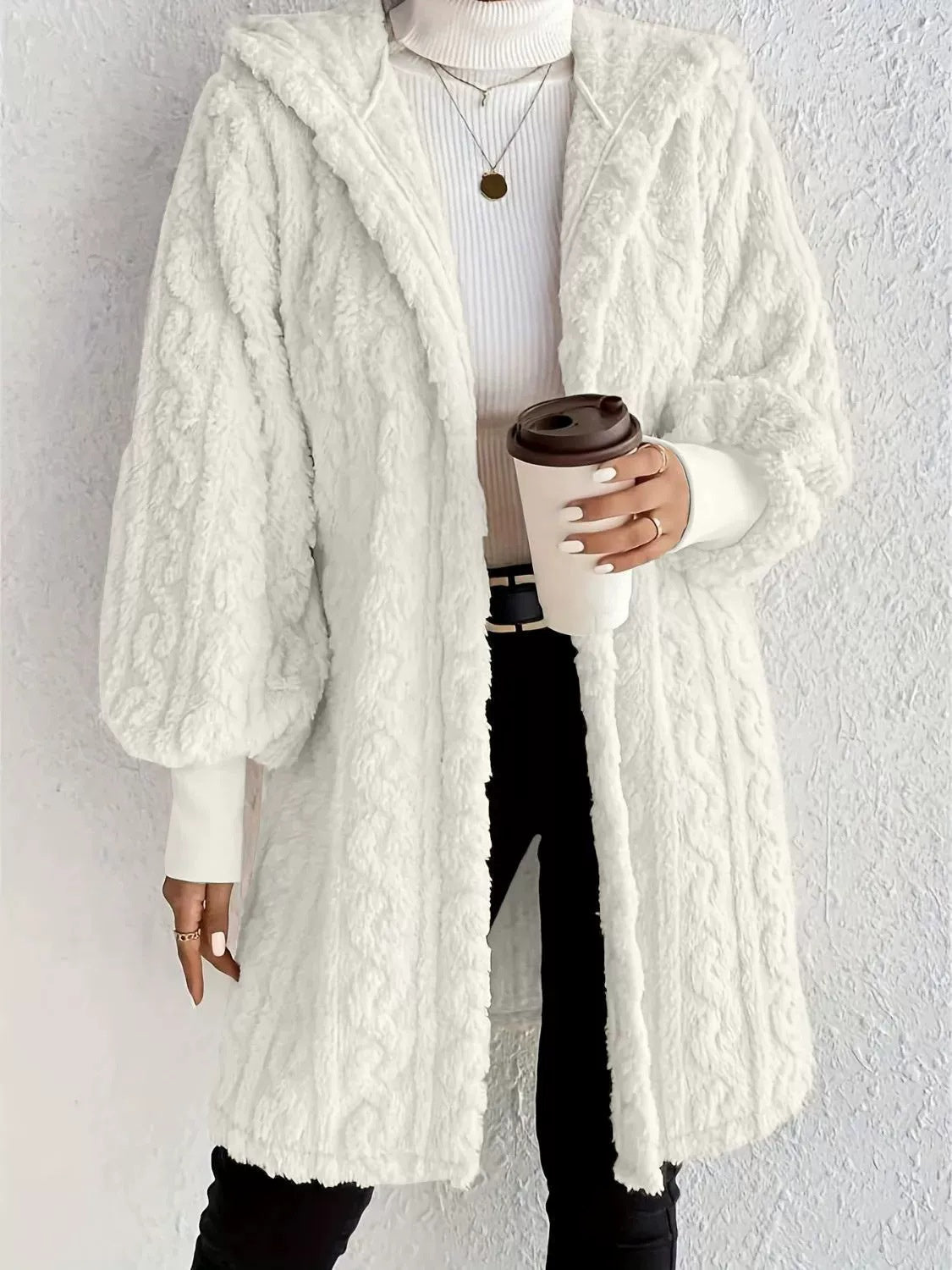 Hooded Double-sided Plush Cuff Thread Long Coat NorixaFashion.com