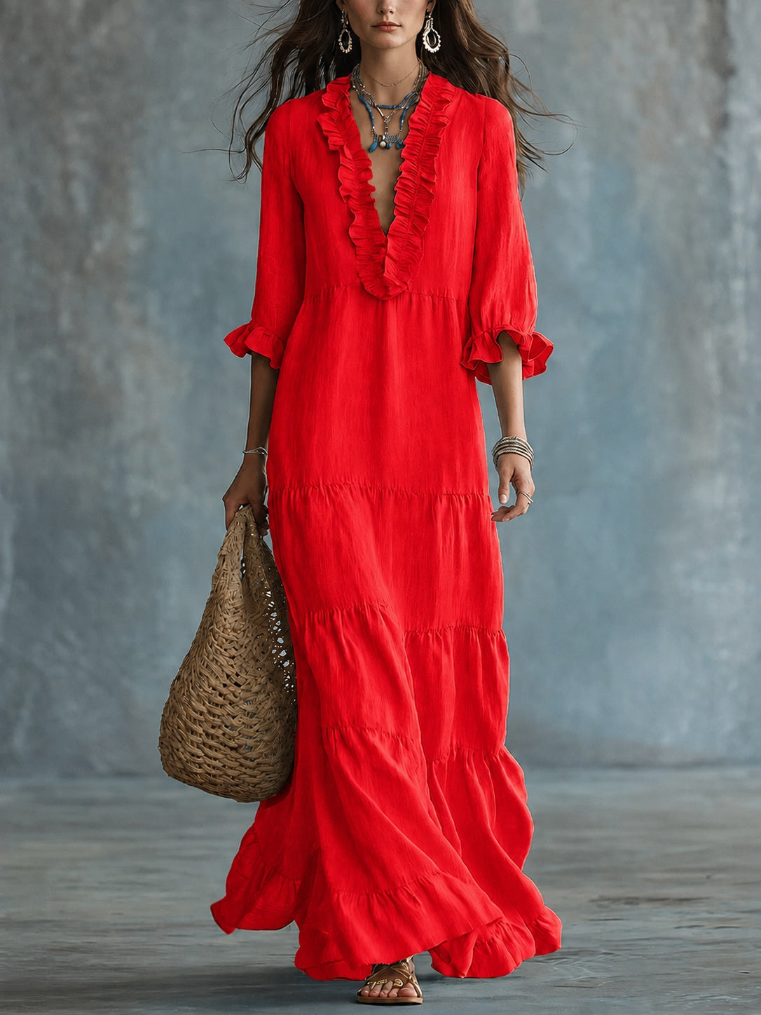 Womens V-neck Layered Casual Flowing Maxi Dress With Ruffled Hem NorixaFashion.com