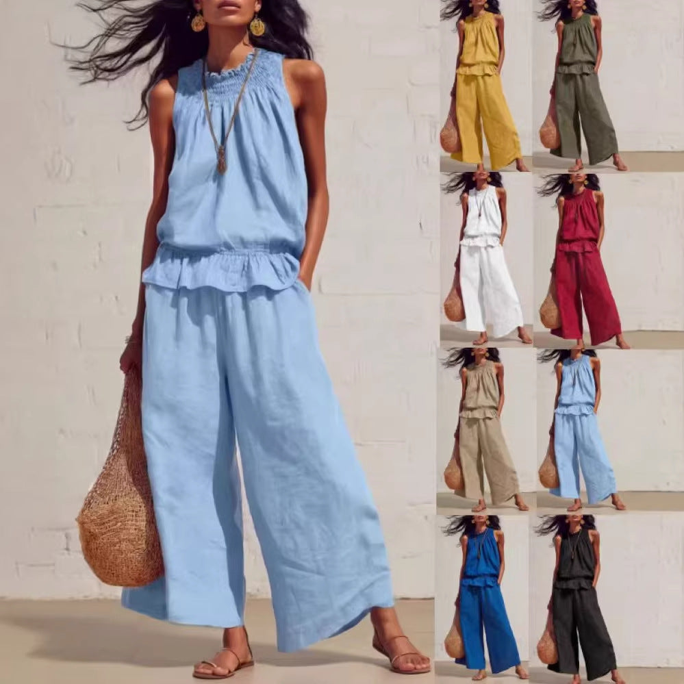 Summer Sleeveless Suit Fashion Ruffled Vest Top And Straight-leg Pants Women's Two-Piece Set NorixaFashion.com