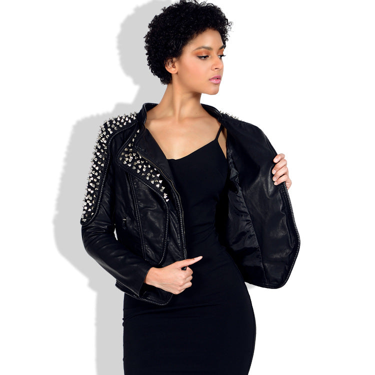 Women's Slim Fit Studded Moto Jacket with Lapels Pi-Mart