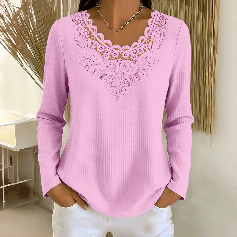 New Lace-panel Womens Long-sleeve Top NorixaFashion.com