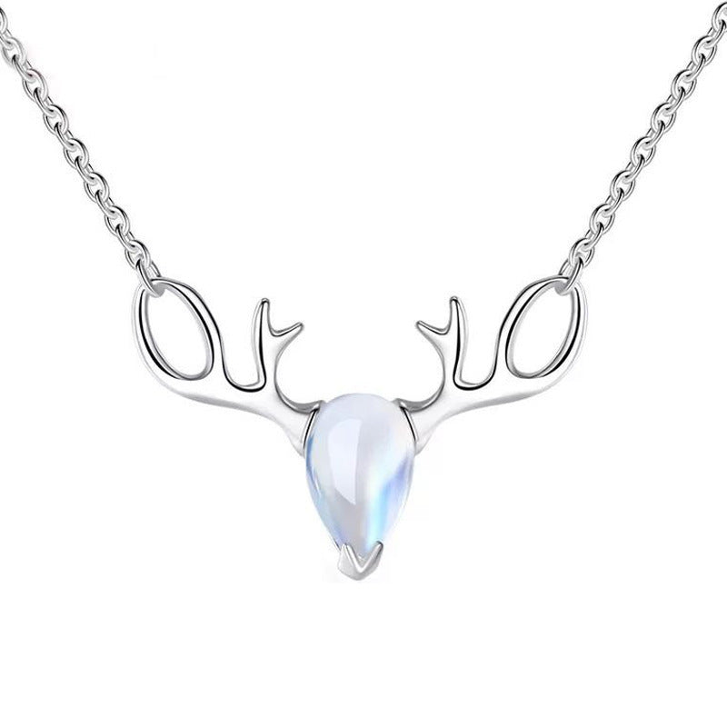 S925 Elk Necklace Forest Moonstone Pendant Clavicle Chain LadyShow.Store