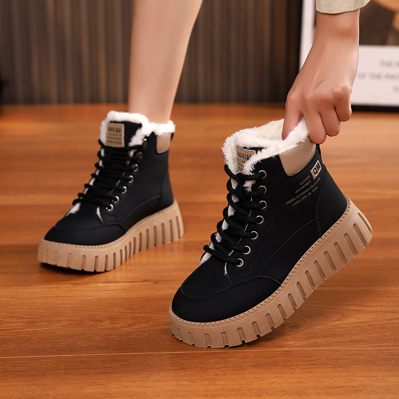 Ins Lace-up Snow Boots Winter Warm Fleece Flat Shoes For Women Fashion Casual Plush Ankle Boot CJD