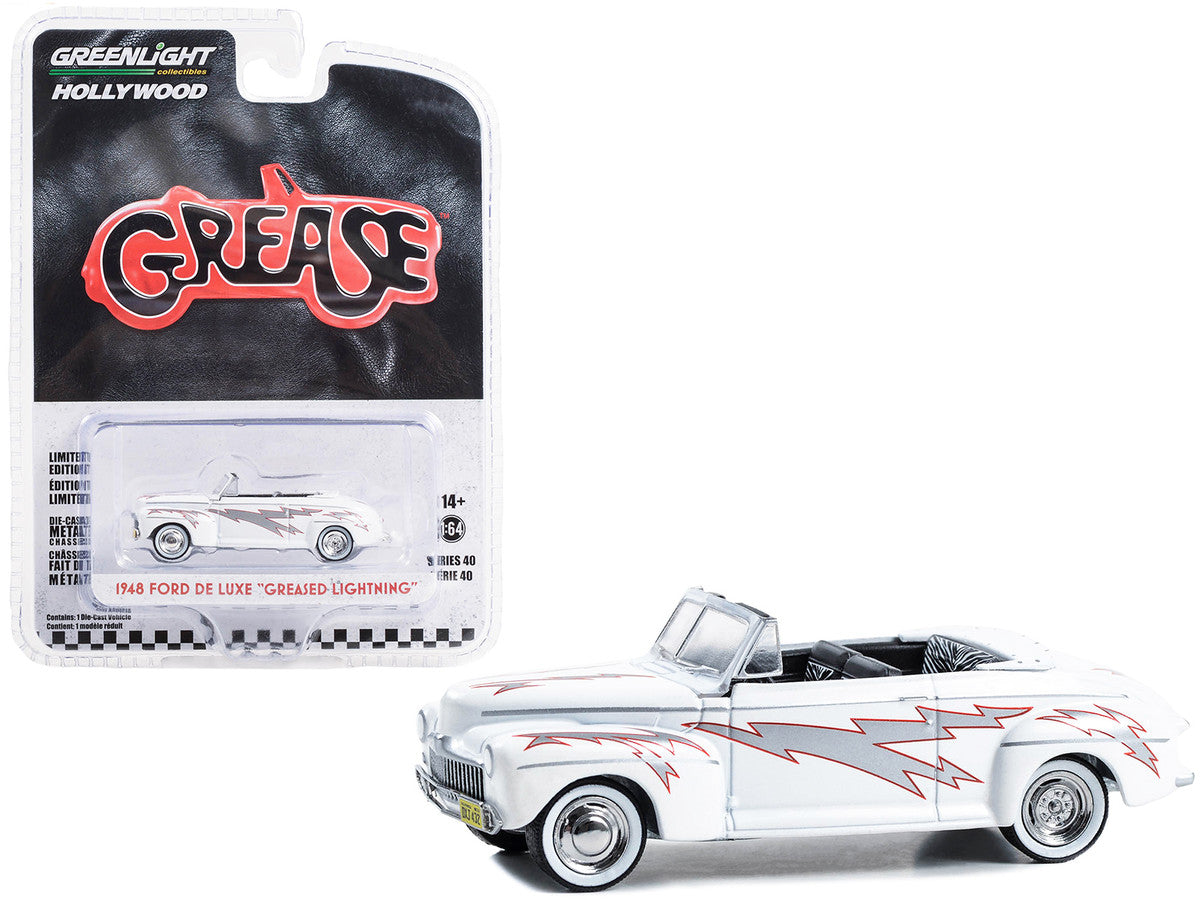 1948 Ford De Luxe Convertible "Greased Lightning" White with Graphics "Grease" (1978) Movie "Hollywood Series" Release 40 1/64 Diecast Model Car by Greenlight LuxuryLifeWay Online Store