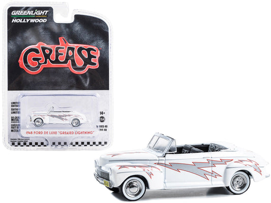 1948 Ford De Luxe Convertible "Greased Lightning" White with Graphics "Grease" (1978) Movie "Hollywood Series" Release 40 1/64 Diecast Model Car by Greenlight LuxuryLifeWay Online Store