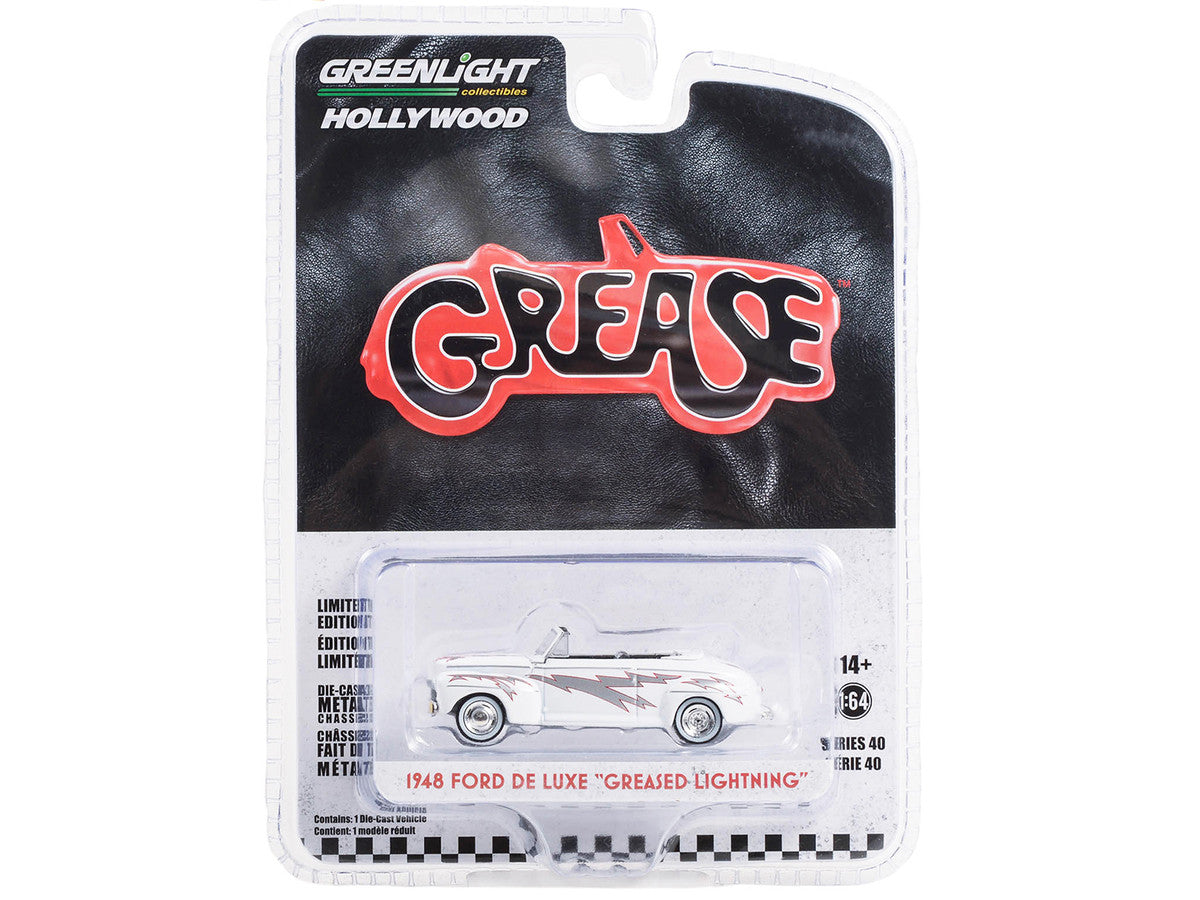 1948 Ford De Luxe Convertible "Greased Lightning" White with Graphics "Grease" (1978) Movie "Hollywood Series" Release 40 1/64 Diecast Model Car by Greenlight LuxuryLifeWay Online Store