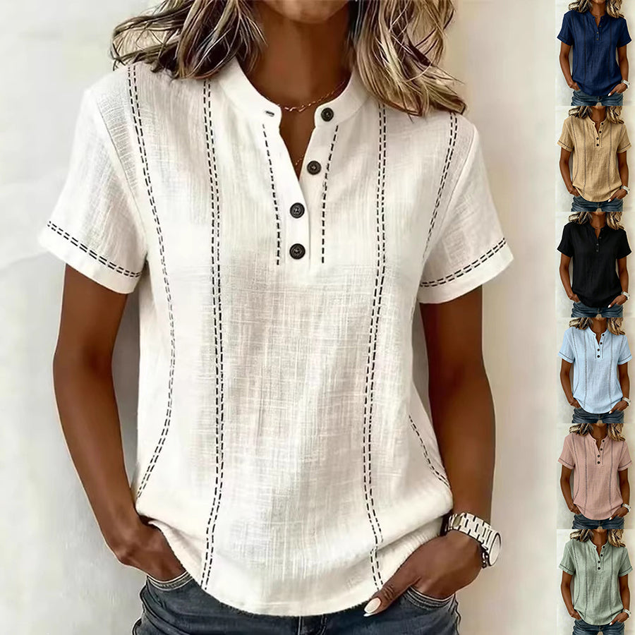 Summer Striped Short-Sleeve Shirts Casual Stand-Collar V-neck Button Blouse Womens Clothing LadyShow.Store