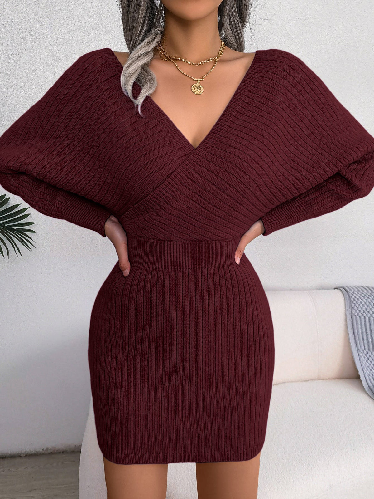 2026 Autumn Winter Sexy Cross V Neck Bat Skirt With Hip Wrapping, Hairy Dress NorixaFashion.com