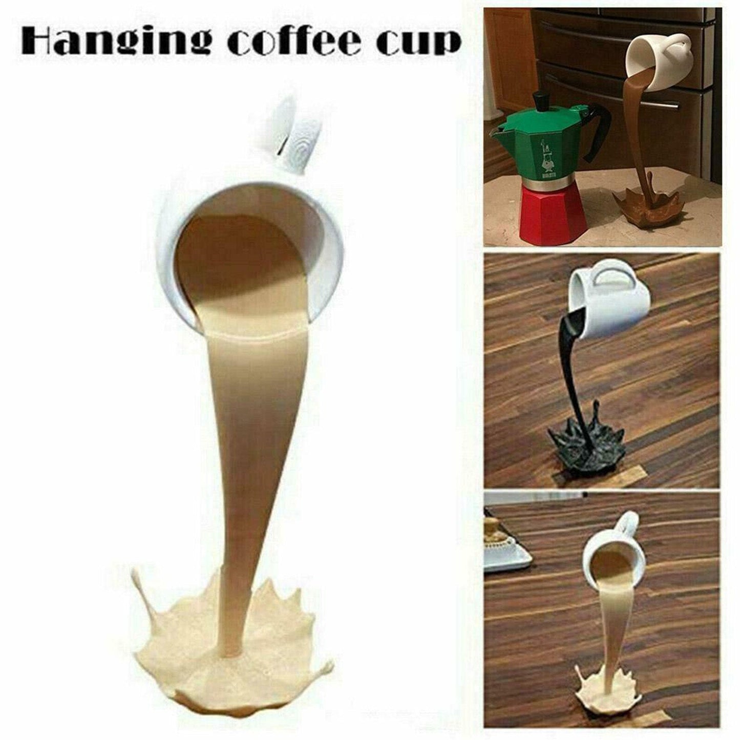 Floating Coffee Cup Mug Sculpture Kitchen Decor Pouring Spilling Decoration PearlNestDecor.com