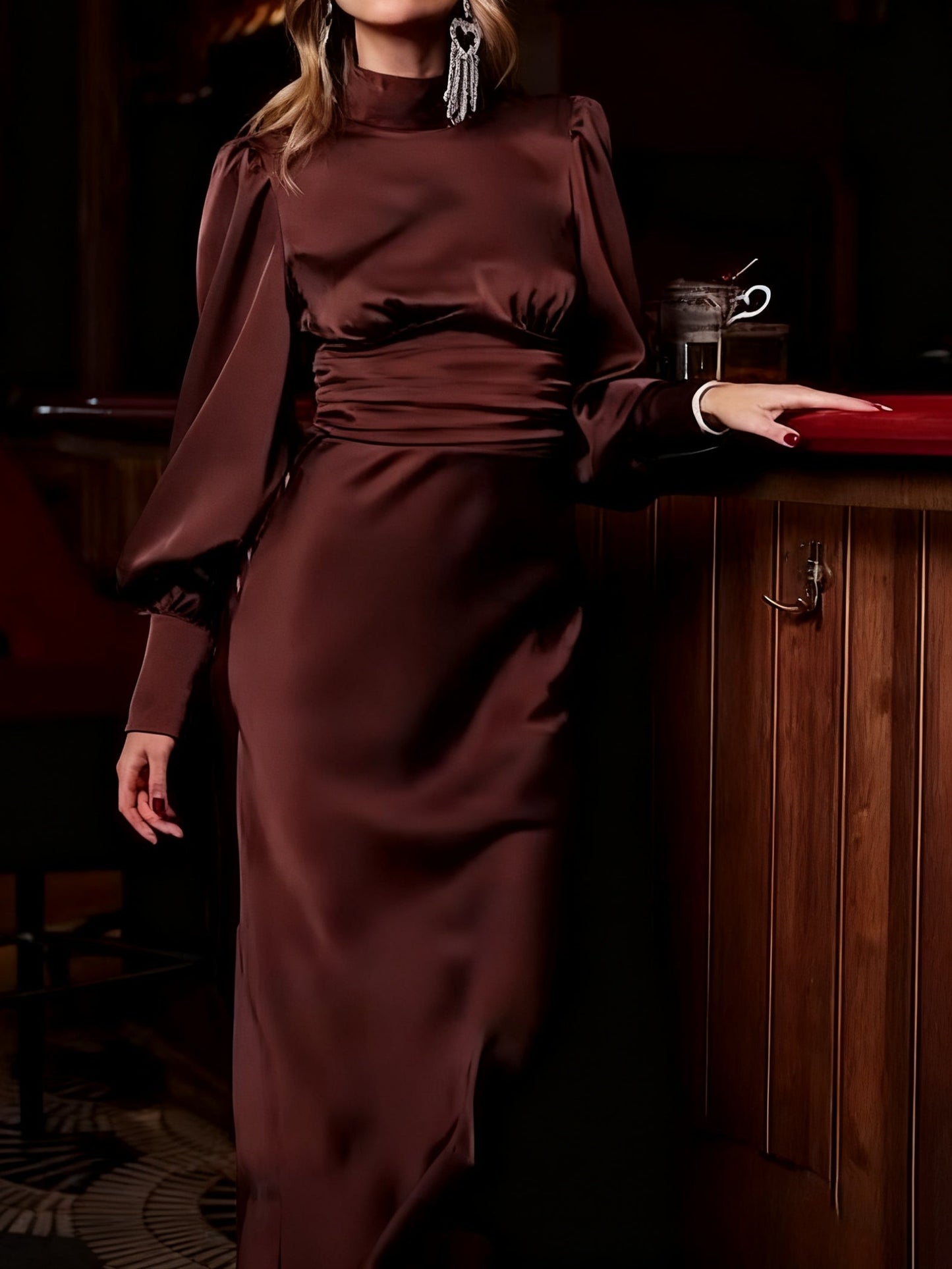 Brown Backless Long-sleeved Dress NorixaFashion.com