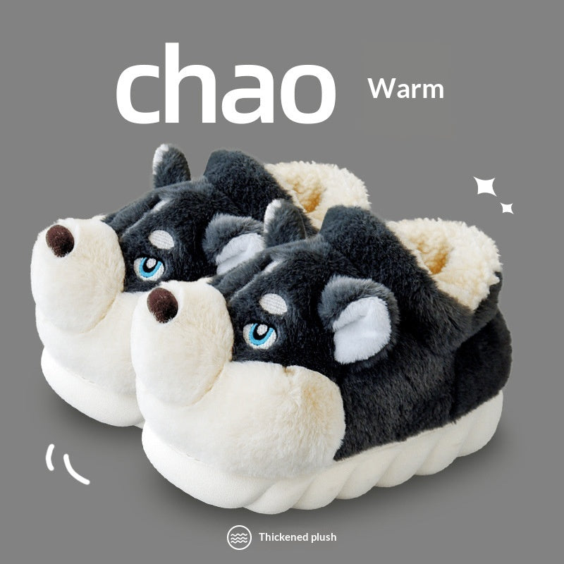 Cute Husky Cartoon Pure Cotton Slippers Men's Style Warm Indoor Slippers For Winter Home Use Best YouTube Store