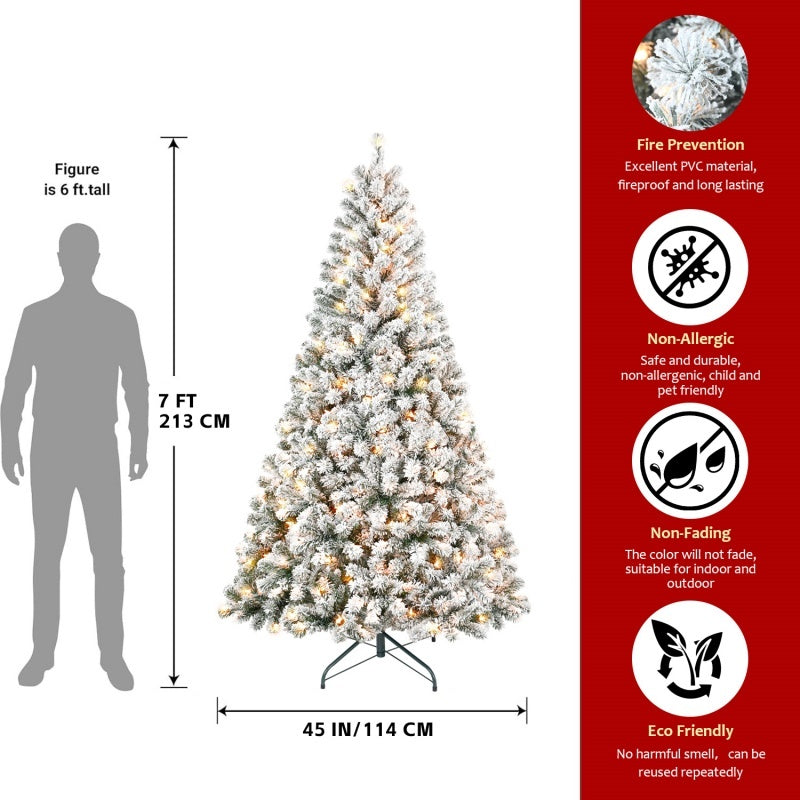 Pre-Lit Flocked Christmas Tree - PVC Artificial Xmas Tree with Lights (4ft to 7ft, FedEx Shipping from USA)