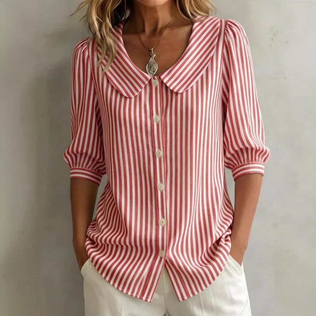 Mid-sleeve Striped V-neck Shirt Top T-shirt Womens Clothing LadyShow.Store